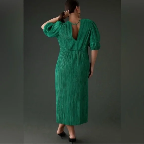 green pleated v neck dress anthropologie V-Neck Pleated Slim Midi Dress